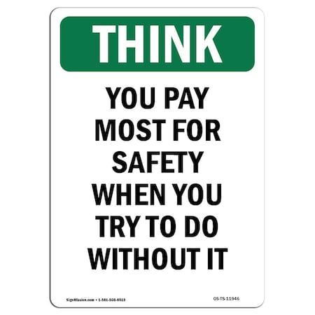 OSHA THINK Sign, You Pay Most For Safety When You Try, 18in X 12in Decal